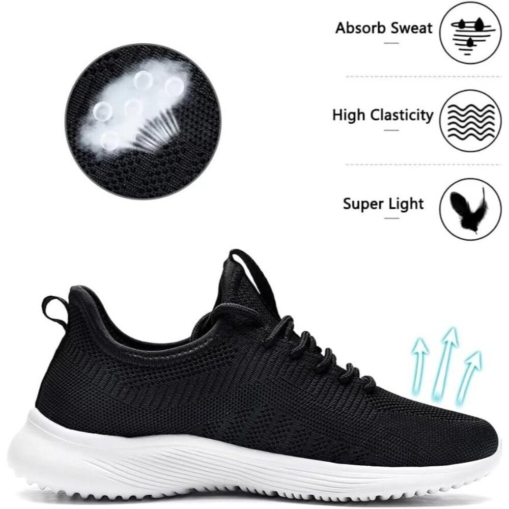Women's Black White Non Slip Casual Running Lightweight Mesh Fashion Sneakers - Picture 4 of 6